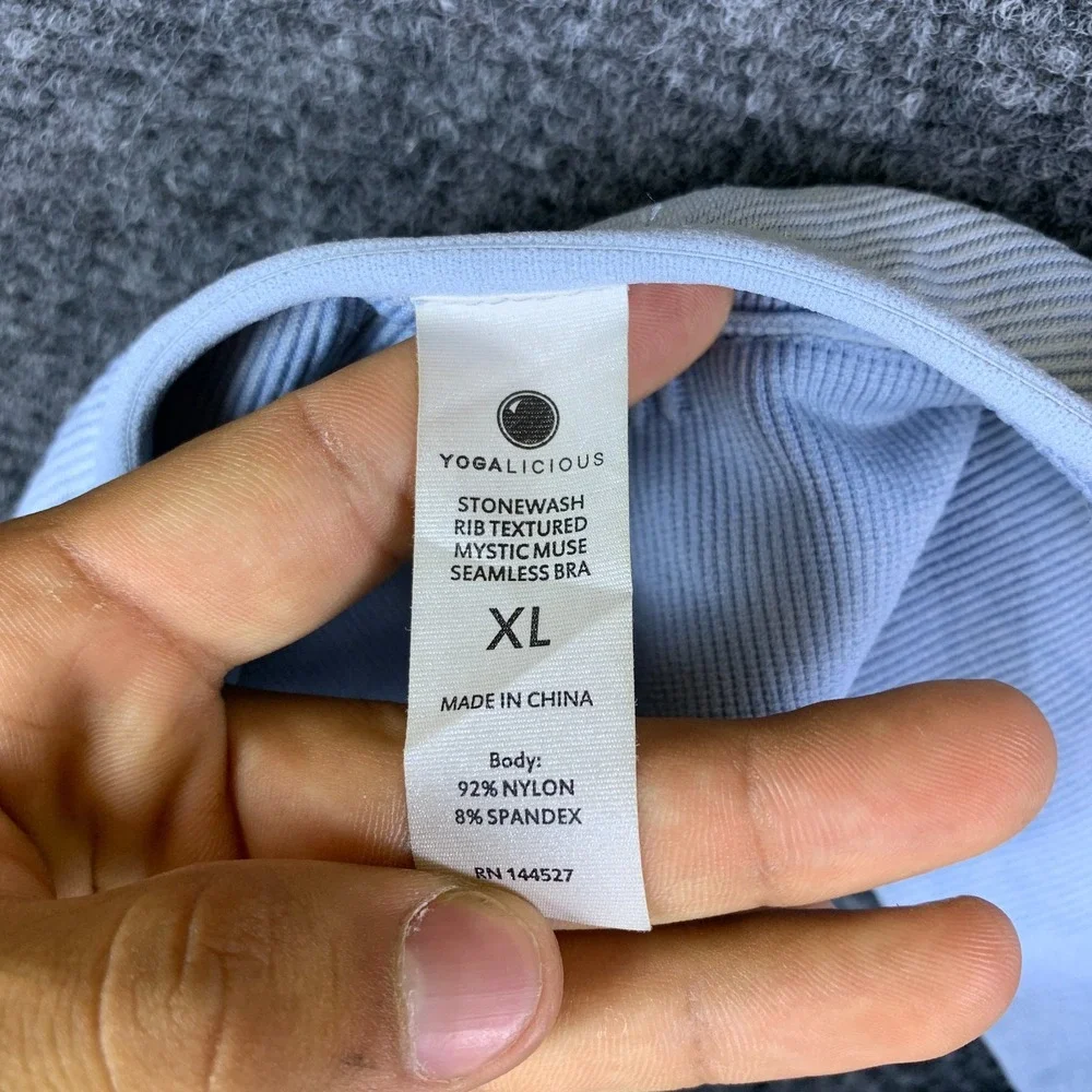 Yogalicious Stonewash Rib Seamless Bra Womens XL Blue Textured Mystic Muse Yoga